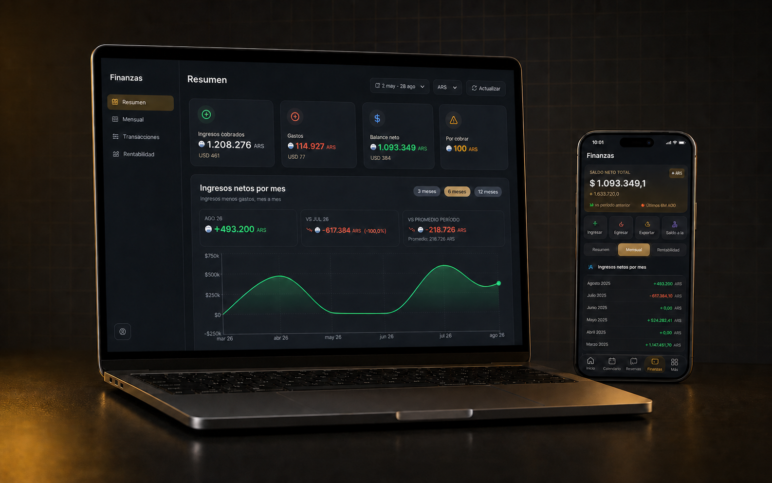 Panel web y app móvil de Finanzas de ClimberHost